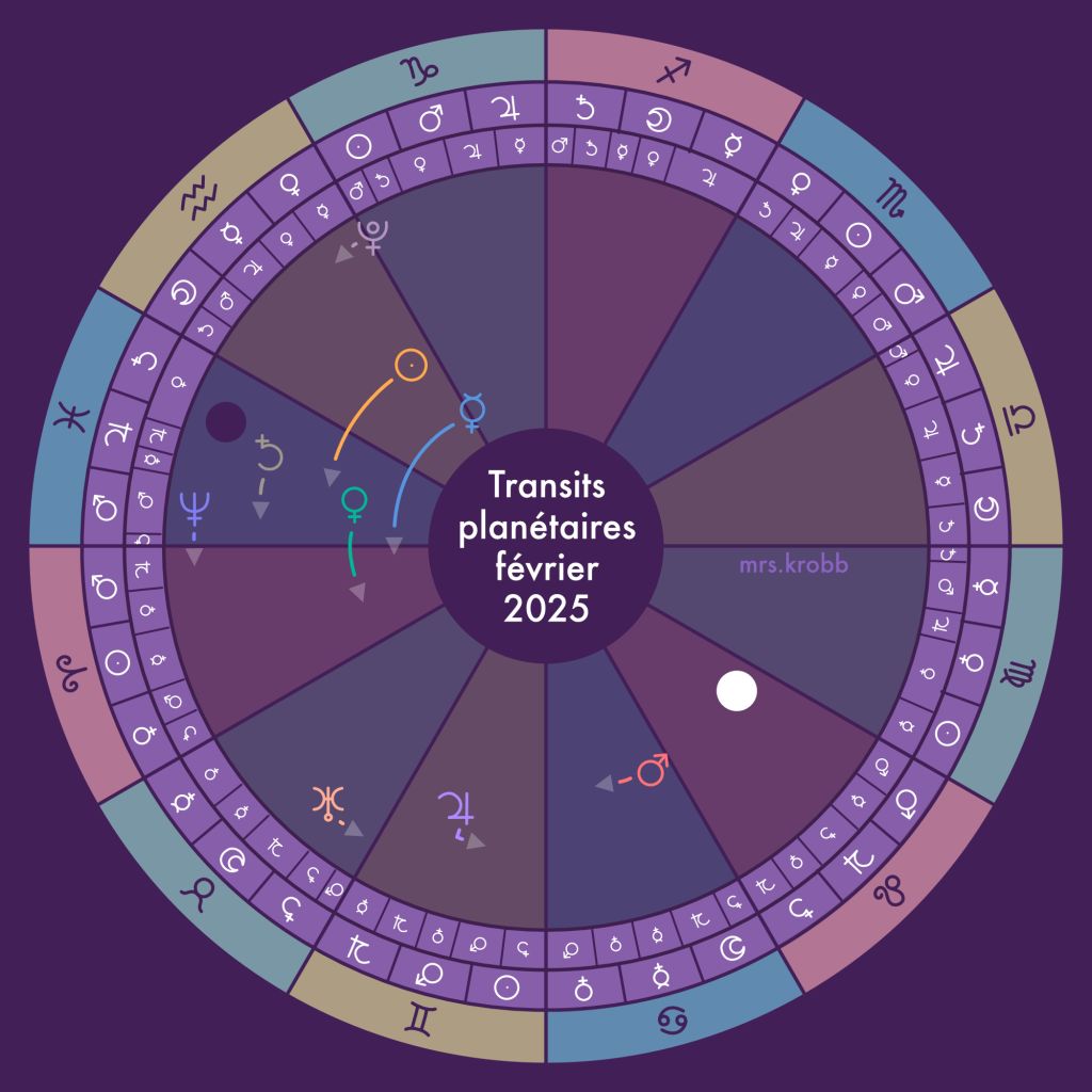 Roue zodiacale avec les transits planétaires représentés dedans par des flèches avec les symboles des planètes