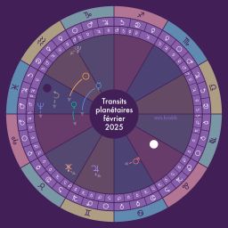 Roue zodiacale avec les transits planétaires représentés dedans par des flèches avec les symboles des planètes